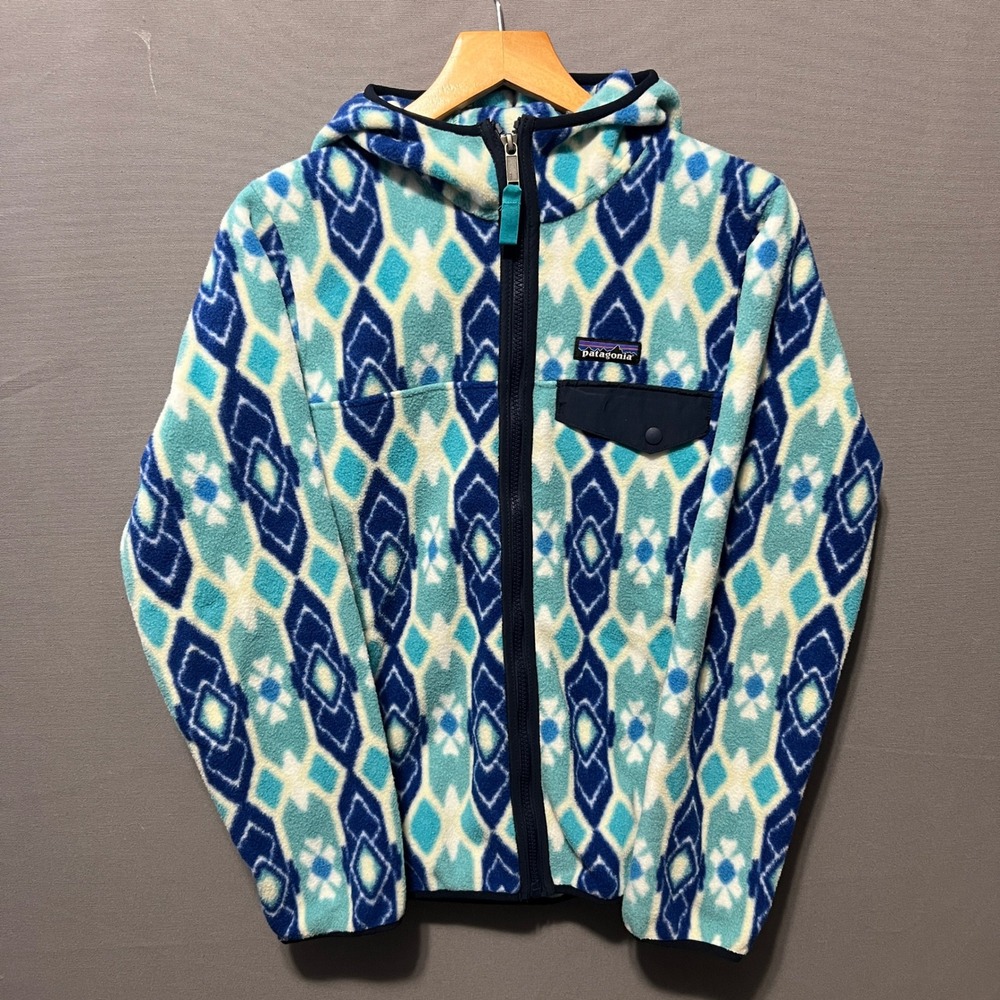 Patagonia Synchilla Hooded Fleece Jacket Blue Geometric Diamond Mens XS